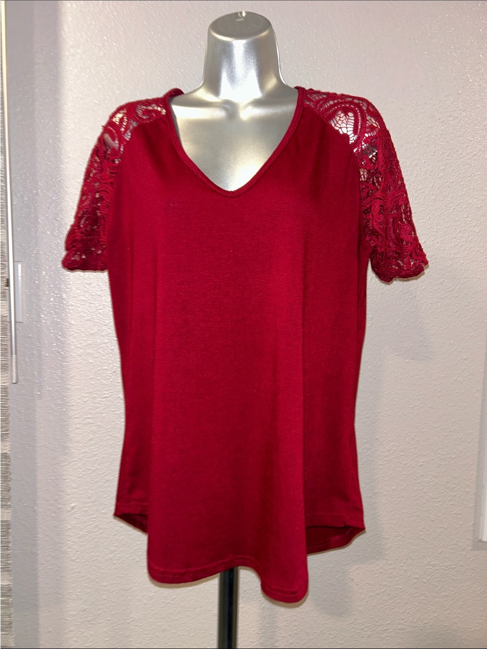 Lace Sleeve Burgundy Red Tee